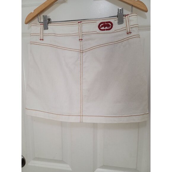 Ecko Red Women's Y2k Ivory Denim Mini 90 Skirt Red Stitching Size 7 - Picture 3 of 15